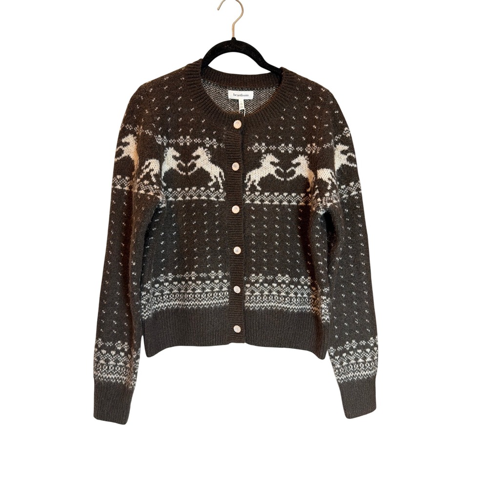 Heartloom Horse Intarsia Cardigan Sweater Brown Fair Isle Pearl Button NWT L